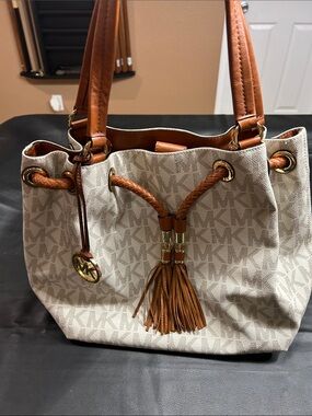 Michael Kors Cream Logo Drawstring Tote with Brown Trim